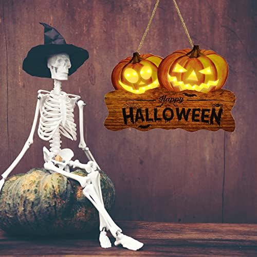 Light Up Happy Halloween Door Sign, 2 Jack O Lanterns, 12 Inch