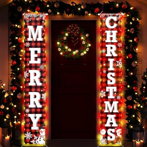 71 x 12 Inches Merry Christmas Door Banner for Doorway, Large Red and Black Plaid Christmas Hanging Sign with Santa, Snowman, and Snowflake Design for Holiday, Front Door, and Xmas Decorations