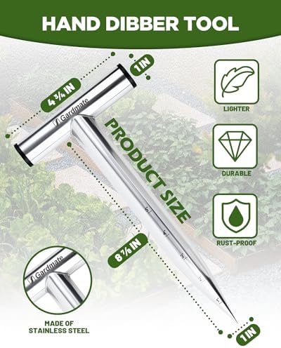 Stainless Steel Hand Dibber with Depth Markings & T-Handle, Rust-Resistant Bulb Planter Tool for Seeds, Seedlings & Bulbs – Ergonomic Design for Garden & Lawn