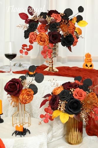 Floweroyal Halloween Artificial Flowers Black Flowers Mix Silk Flowers Fake Roses with Stems for DIY Wedding Bridal Bouquets, Baby Shower, Floral Arrangement, Table Centerpieces, Home Decorations