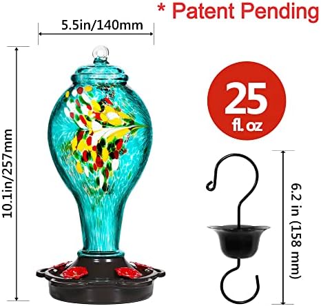 LUJII Hummingbird Feeder for Outdoors, Hand Blown Glass Humming Bird Feeder, Anti Fade Leakproof with 25 Ounces Nectar Capacity, Easy to Install Clean Refill, Include Hook & Ant Moat (Teal)