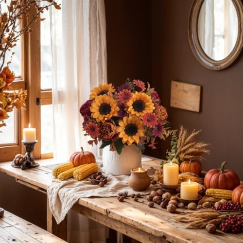 2 Pcs Fall Artificial Sunflower Peony Bouquet, Yellow Burgundy Silk Faux Flower, Autumn Faux Floral Arrangements for Wedding Table Centerpiece DIY Thanksgiving Farmhouse Indoor Outdoor Party Decor