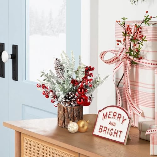 hatisan Small Christmas Tree, Artificial Christmas Tree with Christmas Ornaments Pine Cone Berry, Tabletop Christmas Tree for Christmas Decorations Home Room Party Winter Indoor Outdoor((Red-Round)