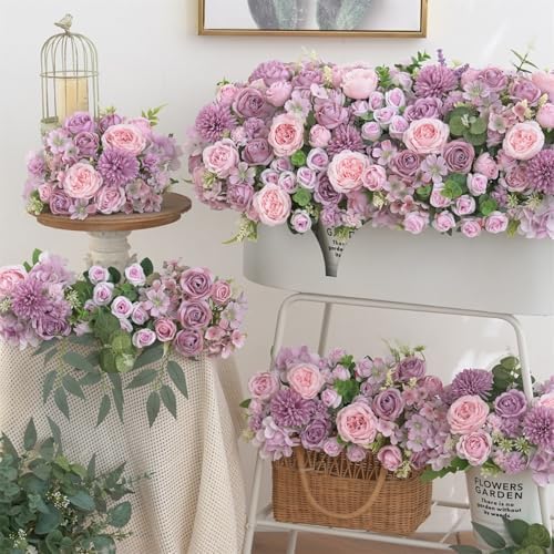 8 Pcs Mixed Artificial Peony Flowers Set-4 Bouquets & 4 Stems, Purple Fake Peony Rose Hydrangea Flower for Vase Silk Floral Arrangement for Table Centerpiece Wedding Party Bridal Decoration Home Decor