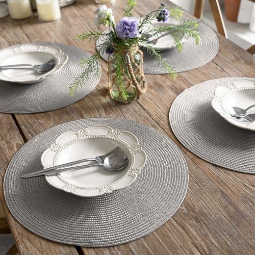 FunWheat Round Braided Placemats Set of 6 Table Mats for Dining Tables Woven Washable Non-Slip Place mats 15 inch(Grey, 6pcs)