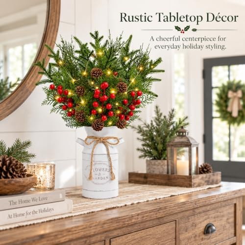 Christmas Table Decor with Metal Pot, Winter Xmas Centerpieces for Tables