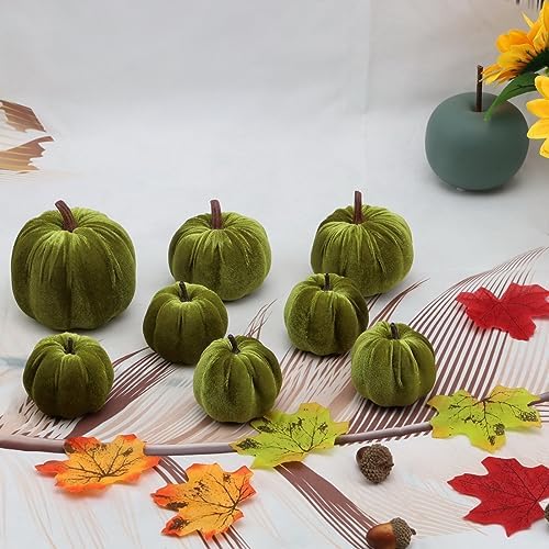 Woration 8pcs Assorted Size Fake Green Velvet Handmade Pumpkins Ornament