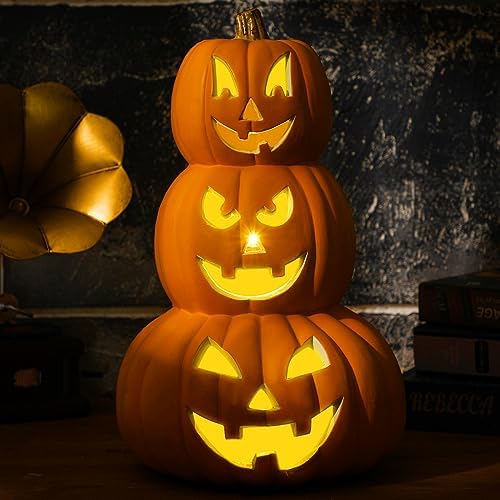 3 Tier 14" Halloween Stacked Pumpkin Decor, Jack O Lantern with LED Lights