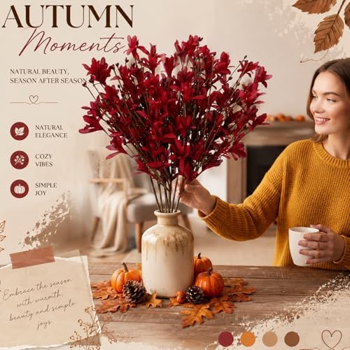 Yinder 12pcs Burgundy Fall Flowers 17inch Winter Jasmine Artificial Floral Picks Fake Flower Stems for Autumn Harvest Festival Thanksgiving Day Flower Arrangement Centerpieces