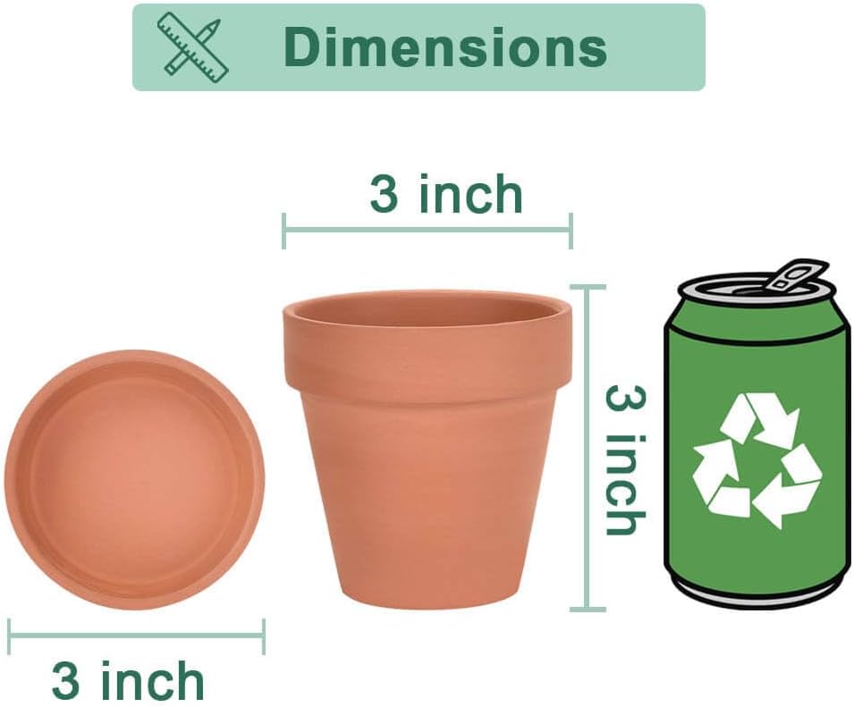 3 Inch Terracotta & Clay Pots for Plant with Saucer, 12 Pack | Clay Flowerpot with Drainage, Nursery pot for