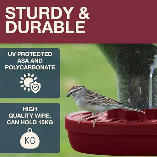 SWISSINNO Bird Feeders - No Mess Hanging Bird Feeder for Outdoors - Smart Birds Davos Spill Proof Wild Cardinal & Small Bird Feeder with Integrated Seed Catcher Tray - Dual Chamber - Burgundy