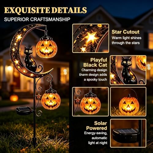 Solar Halloween Black Cat & Pumpkin Moon Garden Stake Light Halloween Decor
