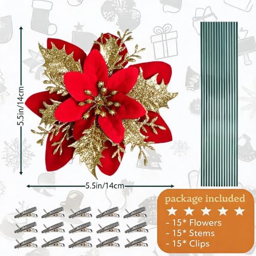15PCS Artificial Christmas Poinsettia Flowers with Clips and Stems, 5.5 Inch Glitter red & Gold Xmas Tree Decorations, Holiday Poinsettia Picks Ornaments for Christmas Tree, Wreaths, Garlands