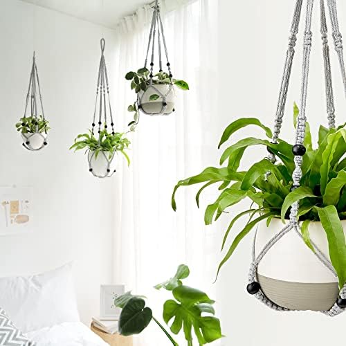 Mkono Macrame Plant Hanger Indoor 35 Inch Hanging Planter Basket Grey 1Pc