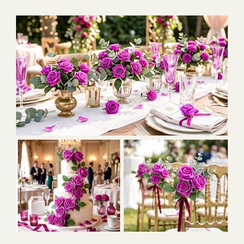 Auihiay 60PCS Artificial Roses, Magenta Roses, Velvet Silk Roses