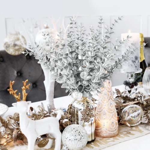 RECUTMS 36Pc Artificial Silver Eucalyptus Leave Stems 14.6in Christmas Pick