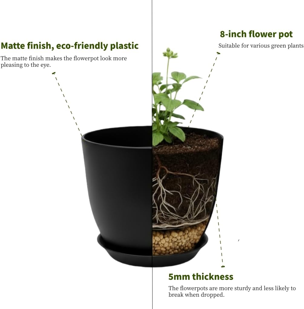 Vanslogreen Plant Pots 8 Inch Set of 6, Flower Pots with Drainage Holes and Saucer, Plastic Garden Planters for Indoor