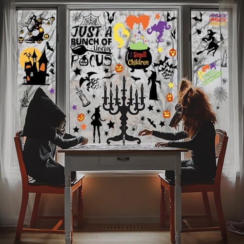 92Pcs Halloween Window Clings - Hocus Pocus Window Clings,I Smell Children Witch Clings for Glass Windows,Reusable Double Sided Static Window Stickers for Halloween Decorations(9 Sheets)