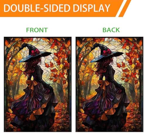 Halloween Witch House Flag 28x40 Double Sided Outside, Stained Glass Burlap Halloween Yard Flag for Fall Holiday Outdoor Decorations