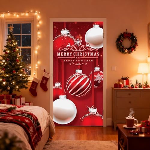 Merry Christmas and Happy New Year Door Cover, Elastic Xmas Front Door Sleeve Christmas Ball Photography Background Banner Holiday Decor(Style 4)