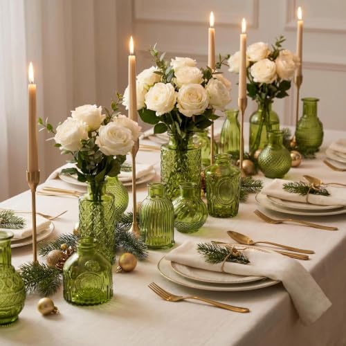 24PCS Mini Bud Vases As Wedding Centerpieces for Tables,Clear Bud Vases for Flowers,Small Flower Vases Suitable for Birthday Party,Anniversary,Wedding Reception,Baby Shower (Green, 24PCS)