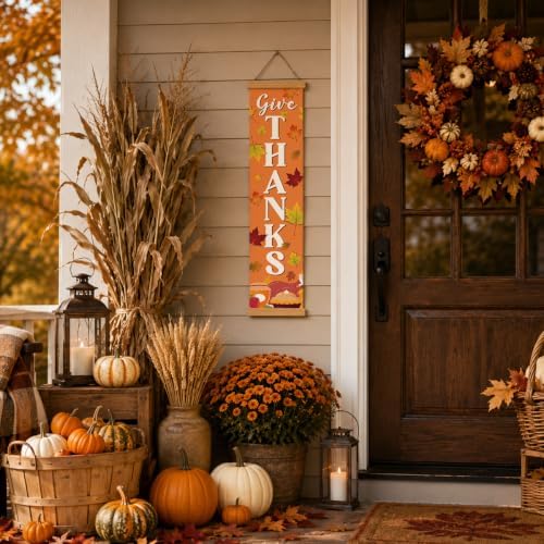 Thanksgiving Door Banner, Give Thanks Canvas Wall Banner for Entryway