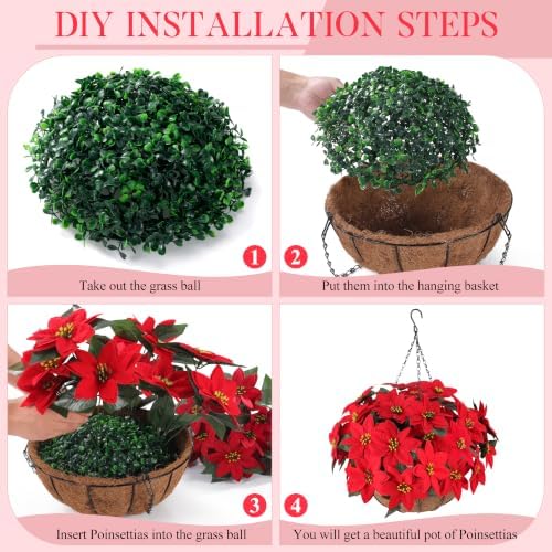 Set of 2 Artificial Poinsettia Hanging Baskets, UV Resistant Fake Red Christmas Flowers, Faux Xmas Floral Arrangement for Front Porch Patio Outdoor Holiday Decor