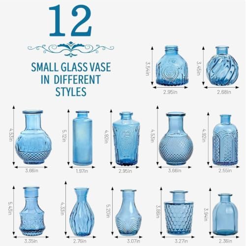 Mini Bud Vases Centerpieces for Tables,Clear Bud Vases for Flowers,Small Flower Vases Suitable for Birthday Party,Anniversary,Wedding Reception,Baby Shower (Blue, 12PCS)