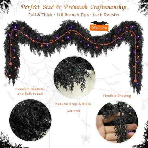 9ft Black Halloween Cedar Garland for Mantle, Soft Touch with Purple Lights
