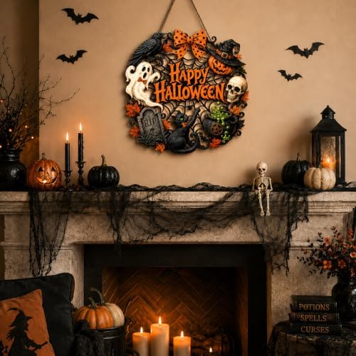 Halloween Door Decorations, Wooden Black Cat Pumpkin Wreath for Front Door