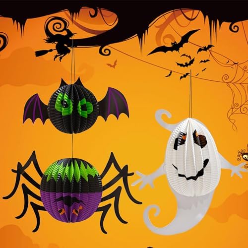 AIMI Halloween 3D Hanging Paper Lanterns 6 Pack Pumpkin Spider Ghost Bat