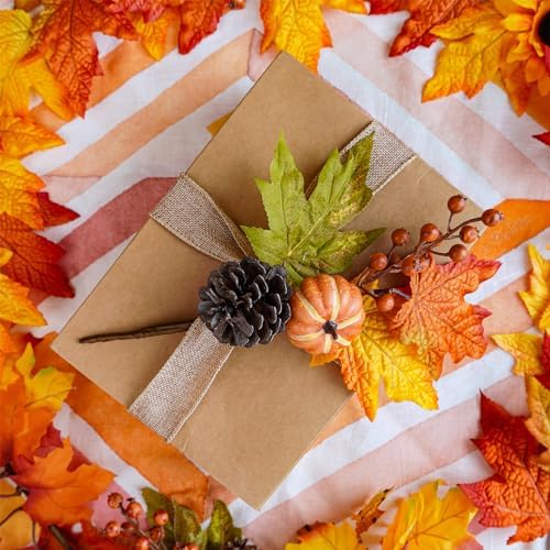 Winlyn 8 Pcs Fall Harvest Artificial Maple Leaf Stems Fall Picks and Sprays with Orange Pumpkins Sunflower Heads Pine Cones Berries 13" for Thanksgiving Autumn Wedding DIY Wreath Floral Arrangements