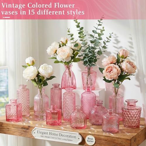 Set of 15 Pink Glass Bud Vases Small Textured Flower Vases