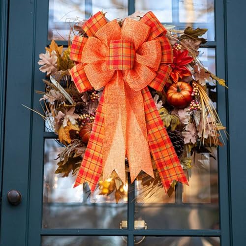 2 Pcs Large Thanksgiving Buffalo Plaid Wreath Bows, Orange Fall Bows