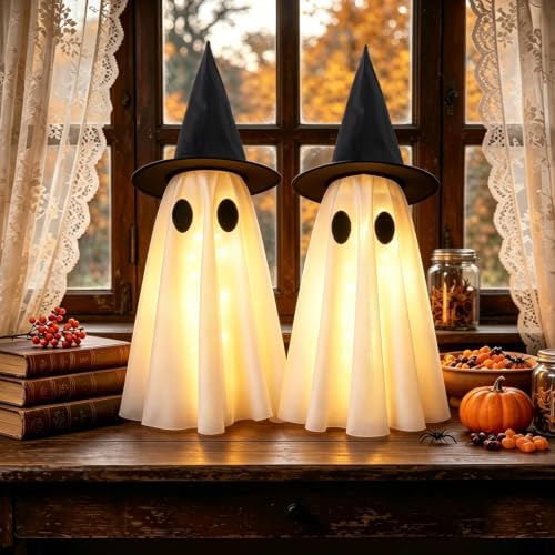 Halloween Decorations Indoor,Set of 2 Light-Up Ghosts Decor with Witch Hats