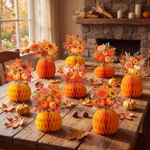 AmazingSpark 9 Pcs Fall Paper Honeycomb Centerpiece for Table Flower Decor