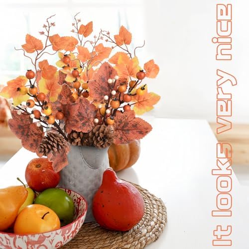 Fall Floral Picks 4PCS, Maple Leaf Pinecone Berries Branch Artificial Autumn Picks and Sprays for Farmhouse Autumn Vase Halloween Thanksgiving Decor
