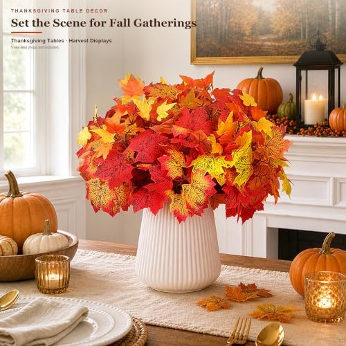 24Pcs Fall Leaves Stems, 14.9'' Artificial Maple Leaves Branches