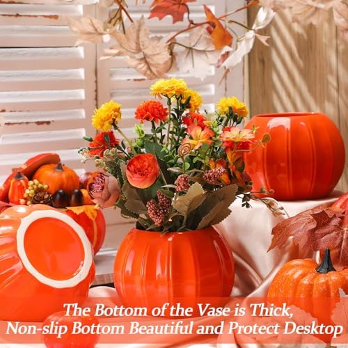Sieral 3 Pcs Ceramic Pumpkin Vase 5.5" Orange Pumpkin Table Decor Fall Vase