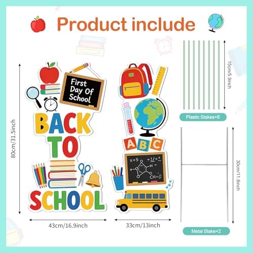 2 Pieces Back to School Yard Signs Large First Day of School Lawn Sign with Stakes Outdoor School Decorations Waterproof Lawn Stakes for Garden Lawn Yard Party Decoration and Supplies