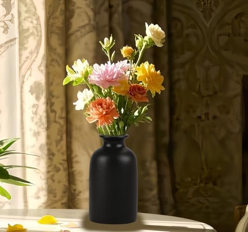 Ceramic Black Small Vase, Dry Flower Vases Minimalism Style for Modern Table Shelf Fit Fireplace Bedroom Kitchen Living Room Home Decor (Black, Small)