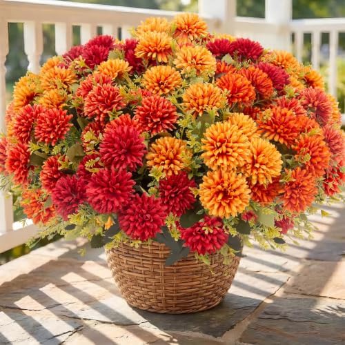 lovemoon 12 Pcs Artificial Mums for Outdoors, Fake Fall Flowers for Autumn