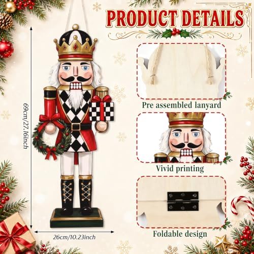 RattanView Christmas Checkered Soldier Nutcracker Door Hanger Wooden Nutcracker Soldier Knight Porch Wreaths Home Sign Front Door Ornament for Farmhouse Indoor Outdoor Yard Porch