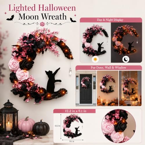 Pink Halloween Wreath with Lights, Moon Cat Wreath for Front Door