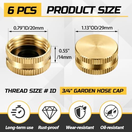 Shimeyao 6 Pack 3/4" Brass Garden Hose End Caps with Washers