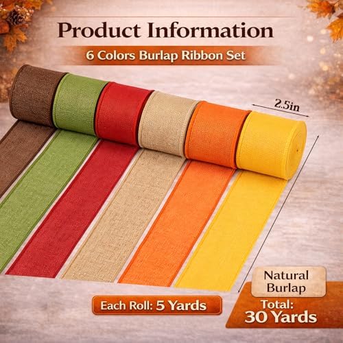 6 Rolls Fall Burlap Ribbon, 30 Yards, 2.5 in Wired Edge, 6 Colors