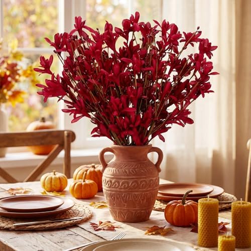 Yinder 12pcs Burgundy Fall Flowers 17inch Winter Jasmine Artificial Floral Picks Fake Flower Stems for Autumn Harvest Festival Thanksgiving Day Flower Arrangement Centerpieces