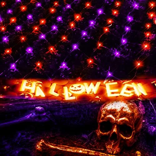 Net Light Outdoor Mesh Christmas Decorations, 100LED String Light Plug in Connectable Tree Warp Hanging 5ft x 5ft for Halloween, Shrubs, Lawn, Backyard, Walkway, Bushes, Garden Decor-Orange&Purple