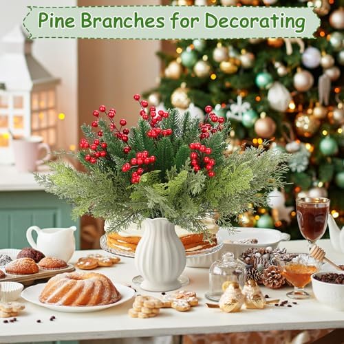 70 PCS Artificial Pine Branches with Berries, Christmas Greenery Fake Pine Needle Faux Red Berry Stems, Christmas Floral Picks for DIY Crafts Wreath Garland Home Décor