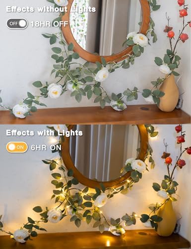 suddus 60LED Garland with White Camellia Lights Battery Operated Clear Wire